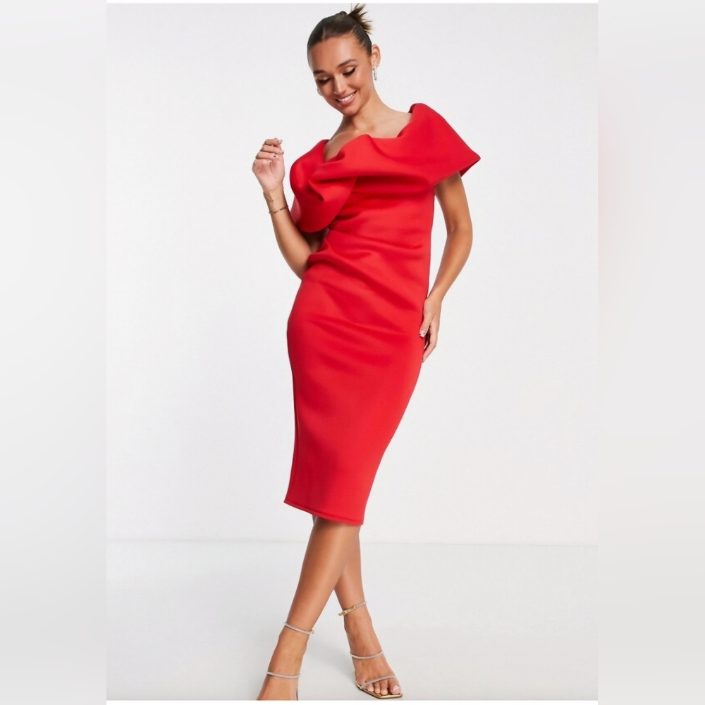 ASOS DESIGN one shoulder bubble detail midi pencil dress in red